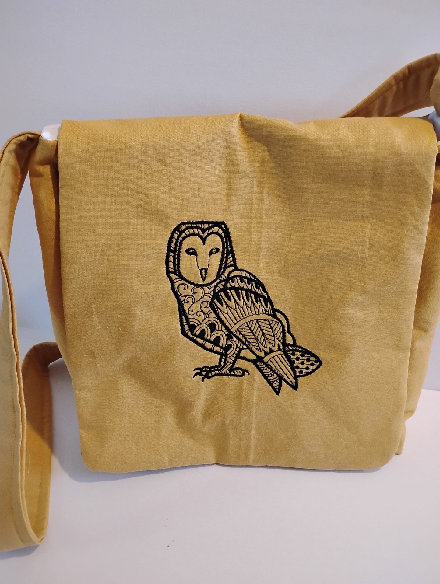 Geometric Embroidered Owl Linen Bag