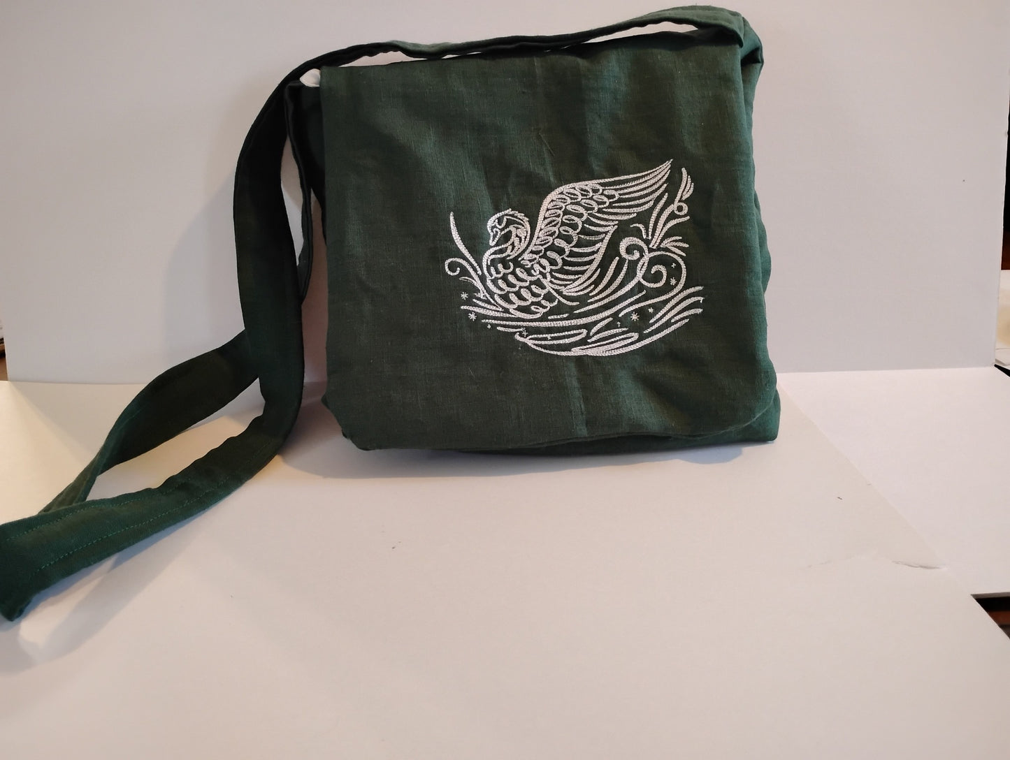 Embroidered Swan Linen Messenger Bag