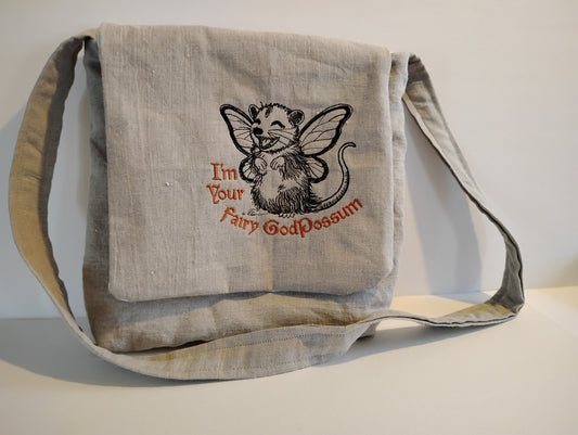 Fairy GodPossum Embroidered Messenger Bag Linen