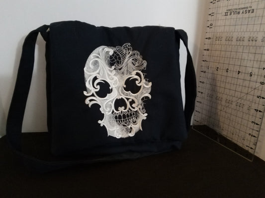 Skull Embroidered Linen Messenger Bag