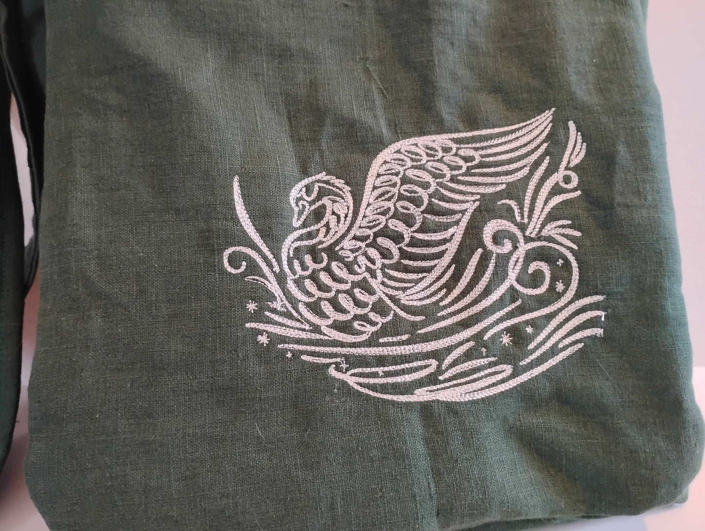 Embroidered Swan Linen Messenger Bag