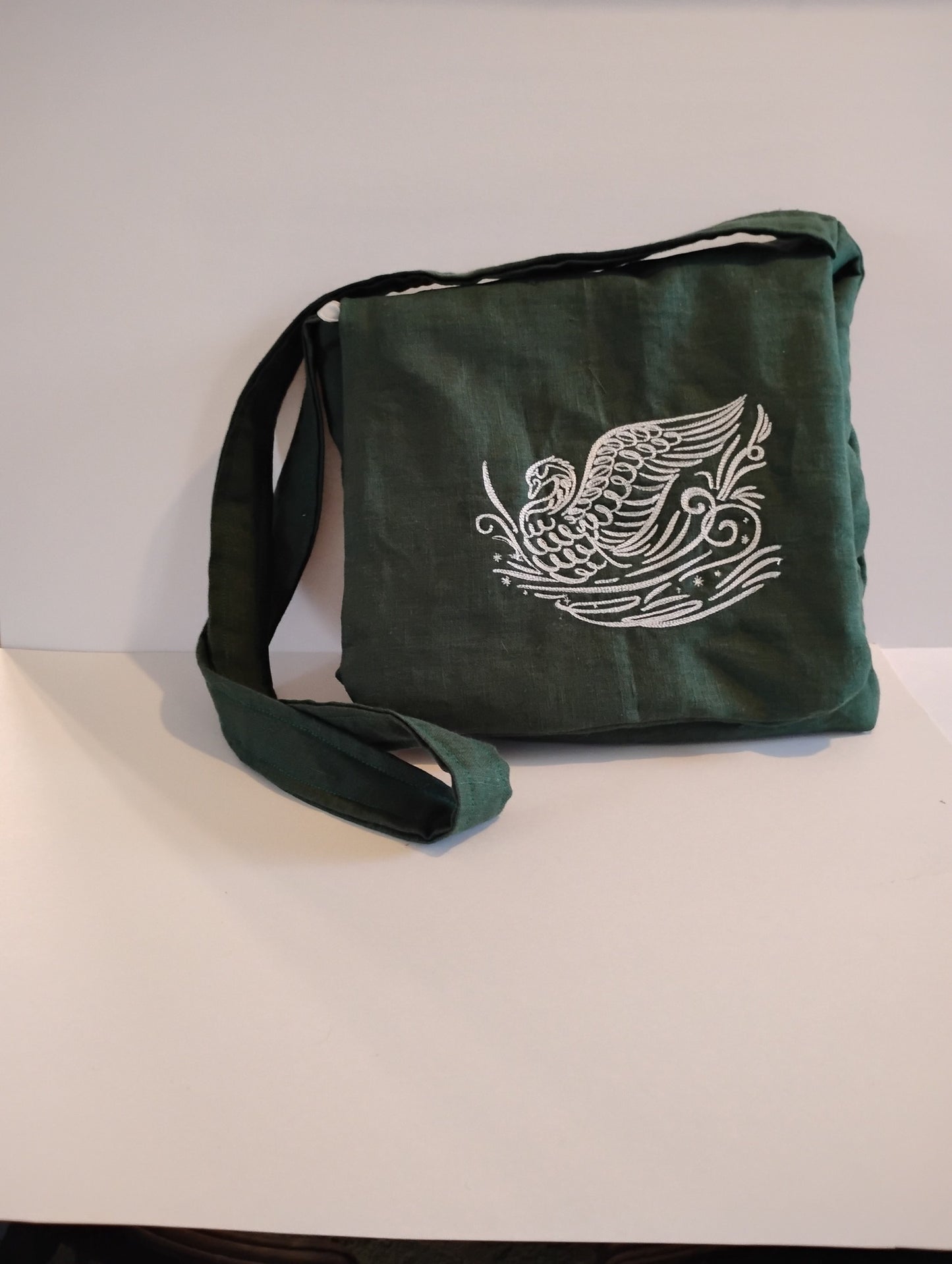 Embroidered Swan Linen Messenger Bag
